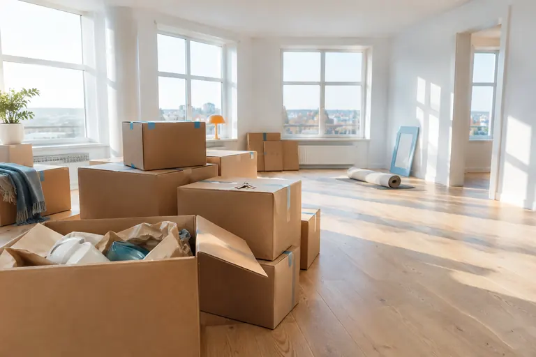 Cartons de déménagement bien rangés dans une pièce claire, image du changement de domaine